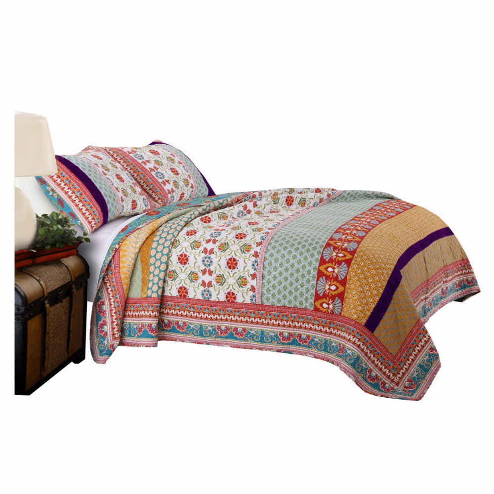 Geometric and Floral Print Twin Size Quilt Set with 1 Sham, Multicolor - BM116975