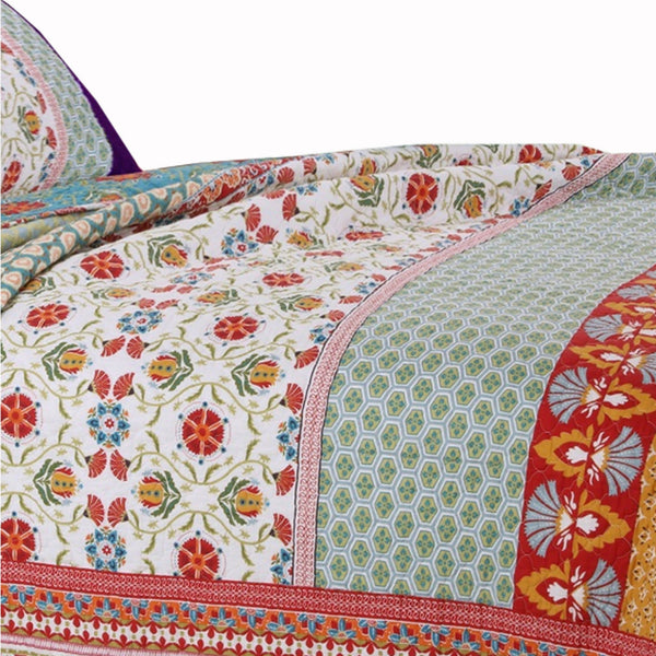 Geometric and Floral Print Twin Size Quilt Set with 1 Sham, Multicolor - BM116975