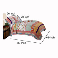 Geometric and Floral Print Twin Size Quilt Set with 1 Sham, Multicolor - BM116975