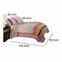 Geometric and Floral Print King Size Quilt Set with 2 Shams, Multicolor - BM116977