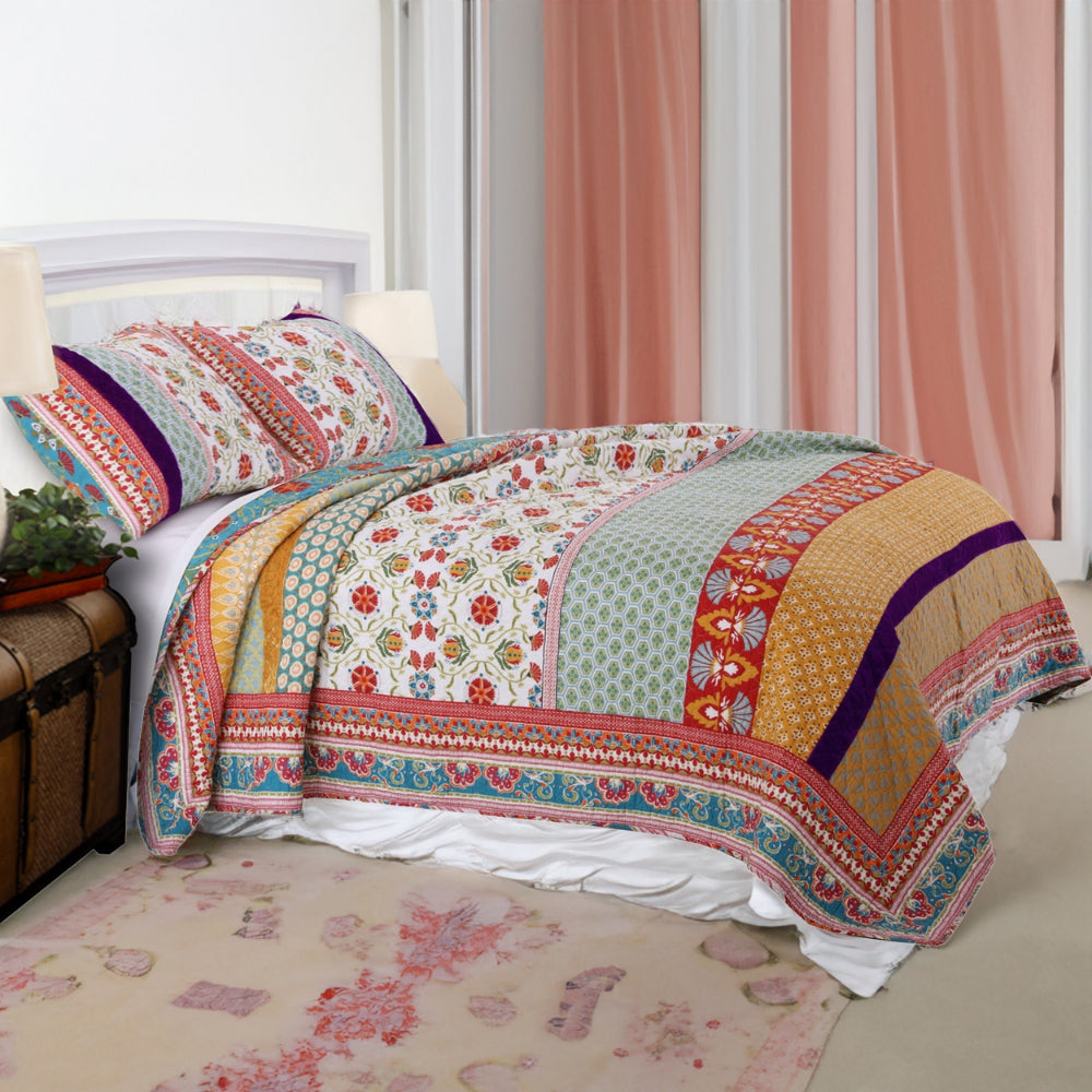 Benjara Geometric and Floral Print King Size Quilt Set with