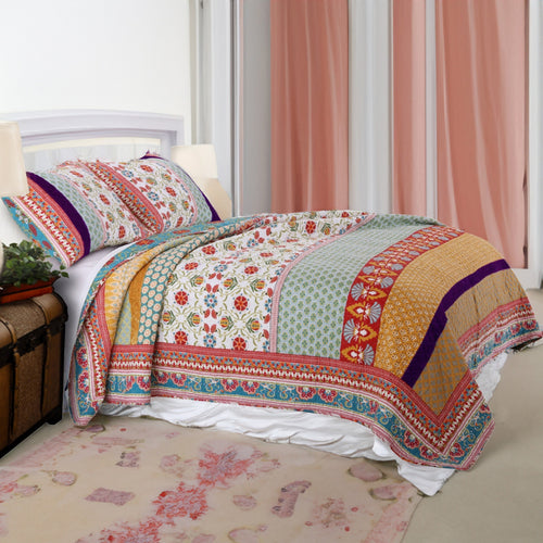 Geometric and Floral Print King Size Quilt Set with 2 Shams, Multicolor - BM116977