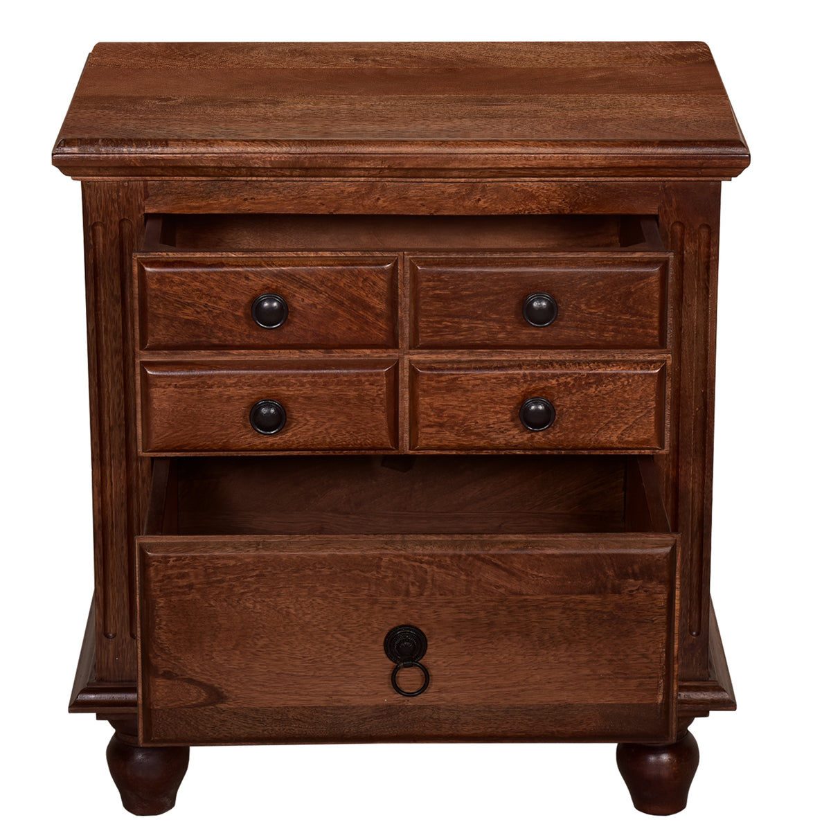 26 Inch Handcrafted Nightstand, 2 Drawers, Black Powder Coated Knobs, Walnut Brown Mango Wood - BM123138