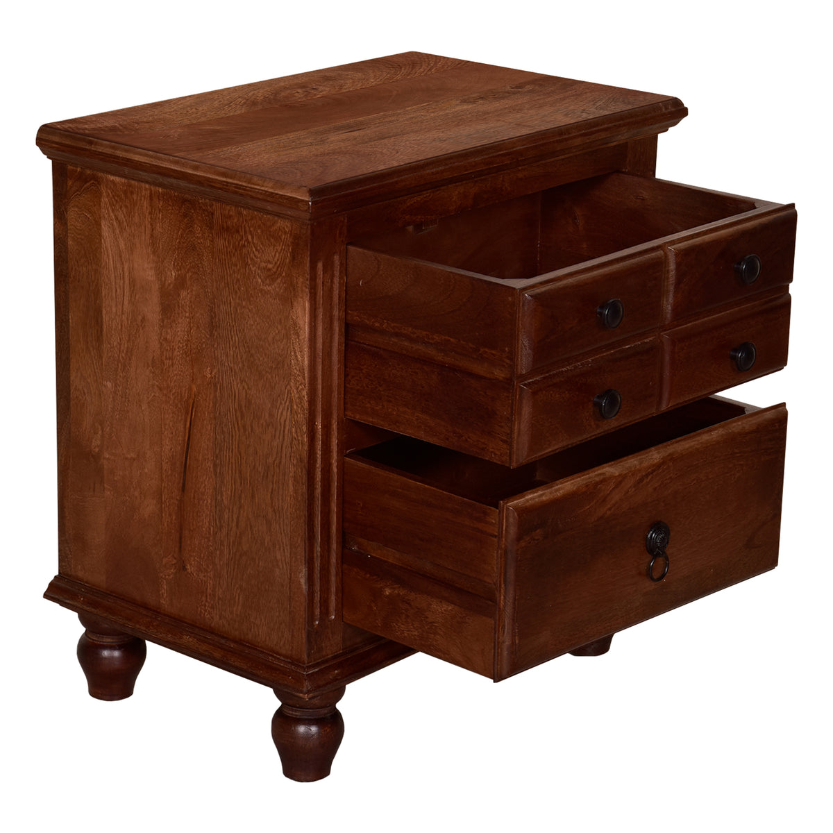 26 Inch Handcrafted Nightstand, 2 Drawers, Black Powder Coated Knobs, Walnut Brown Mango Wood - BM123138