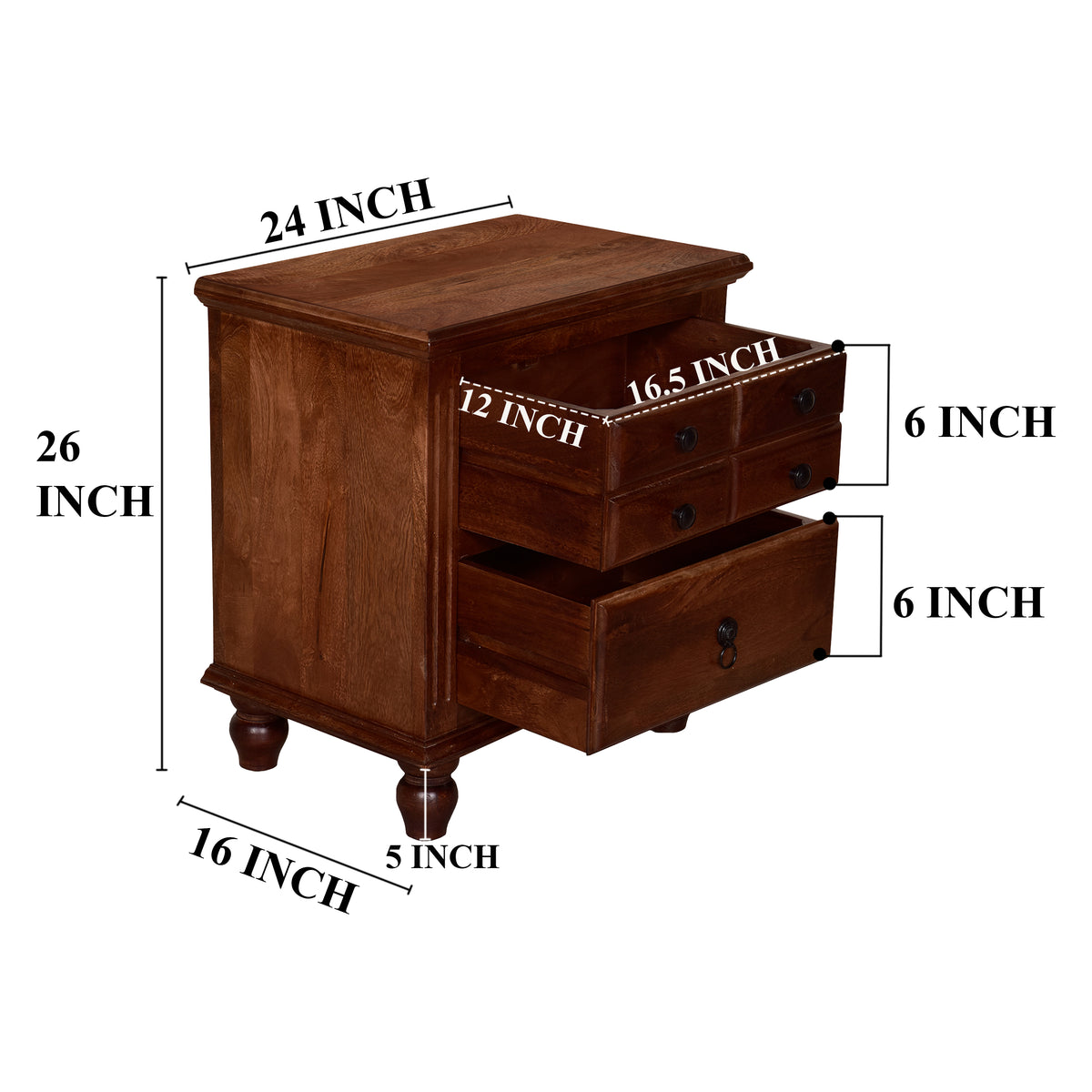 26 Inch Handcrafted Nightstand, 2 Drawers, Black Powder Coated Knobs, Walnut Brown Mango Wood - BM123138