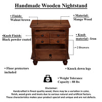 26 Inch Handcrafted Nightstand, 2 Drawers, Black Powder Coated Knobs, Walnut Brown Mango Wood - BM123138