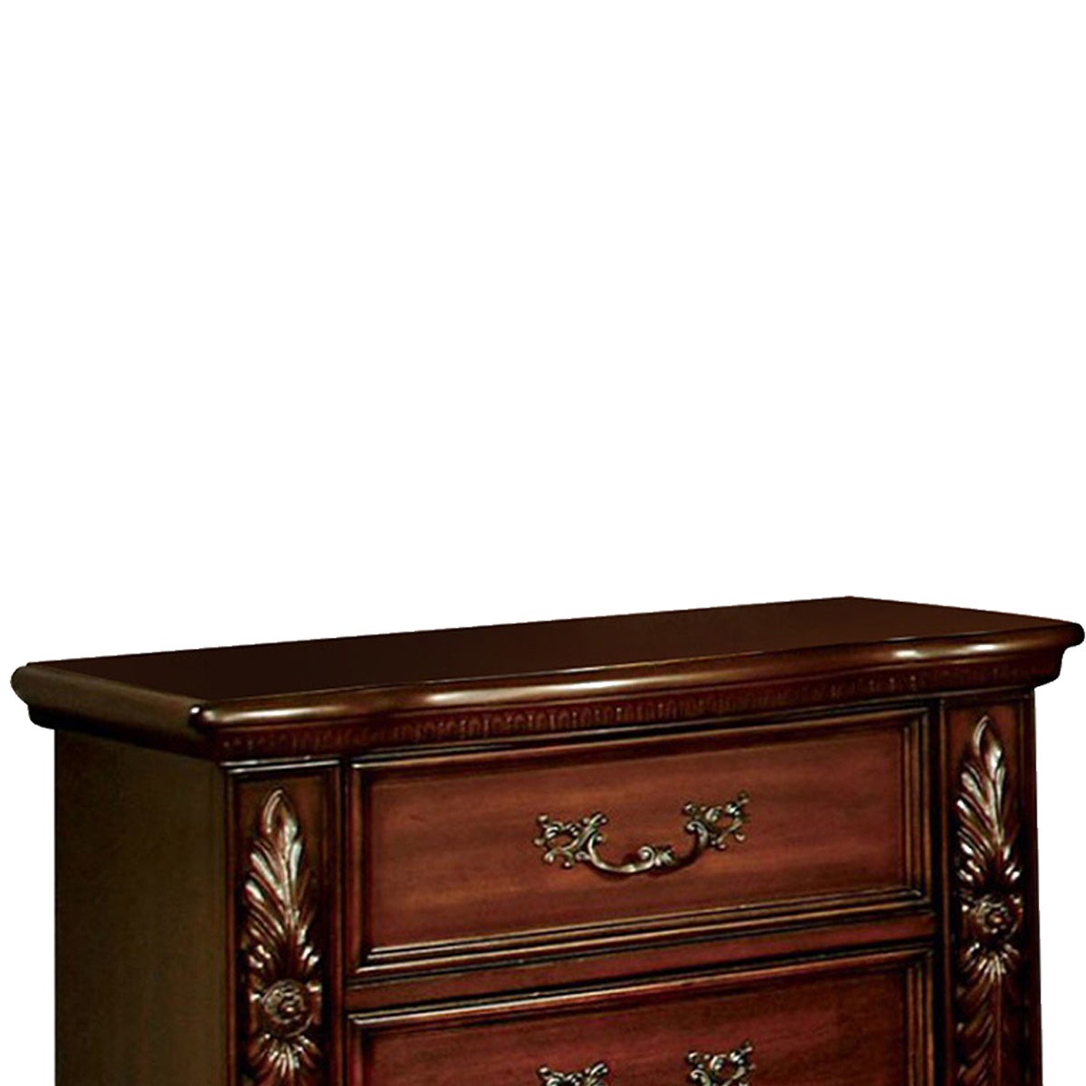 29 Inch Handcrafted Vintage Style Nightstand, 3 Drawers, Carved Trim, Cherry Brown Wood - BM123241