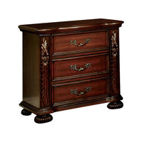 29 Inch Handcrafted Vintage Style Nightstand, 3 Drawers, Carved Trim, Cherry Brown Wood - BM123241