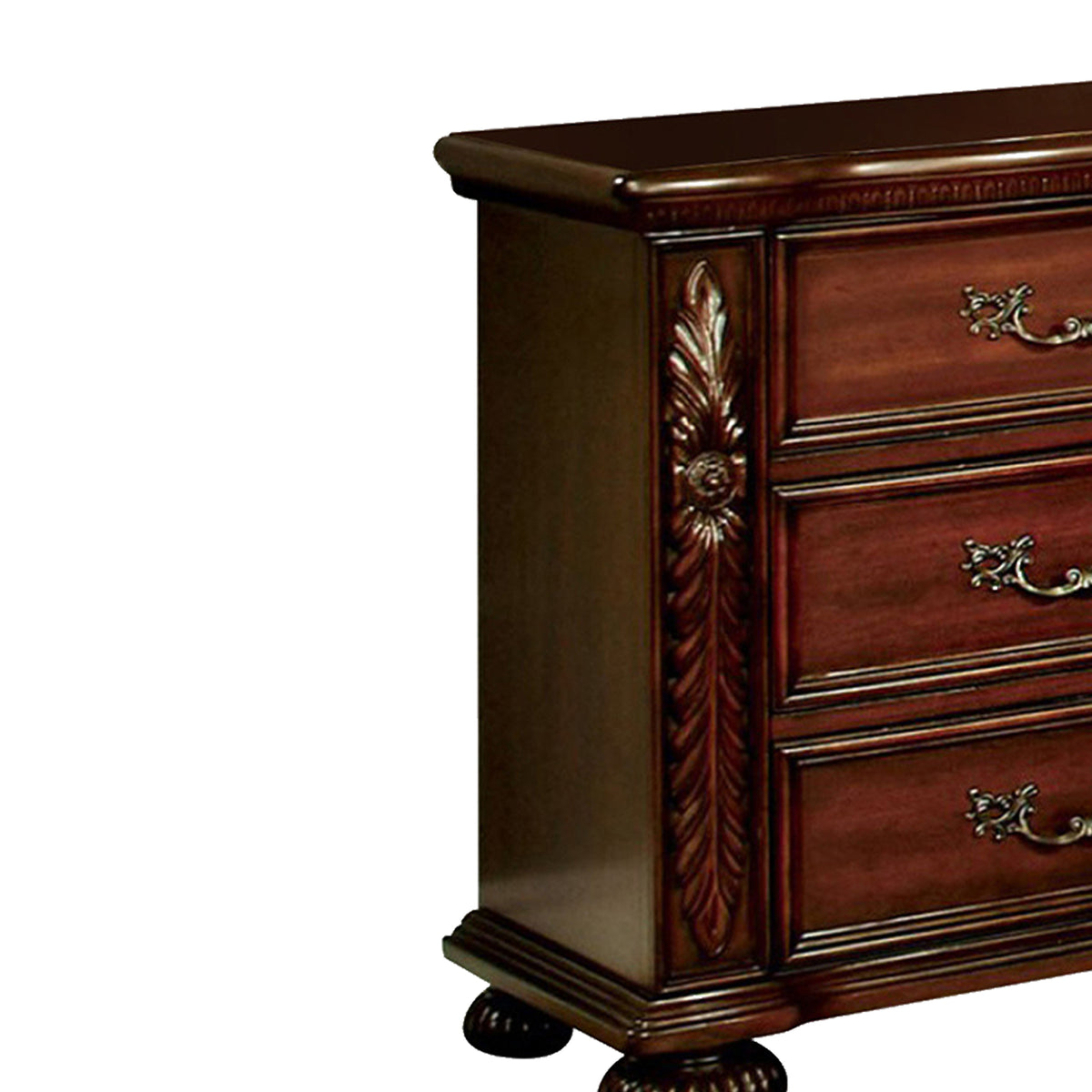 29 Inch Handcrafted Vintage Style Nightstand, 3 Drawers, Carved Trim, Cherry Brown Wood - BM123241