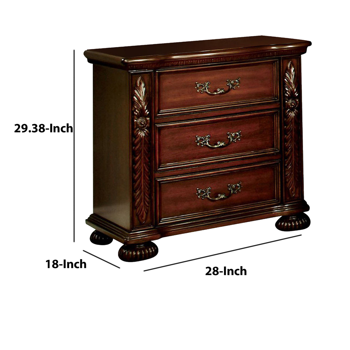 29 Inch Handcrafted Vintage Style Nightstand, 3 Drawers, Carved Trim, Cherry Brown Wood - BM123241