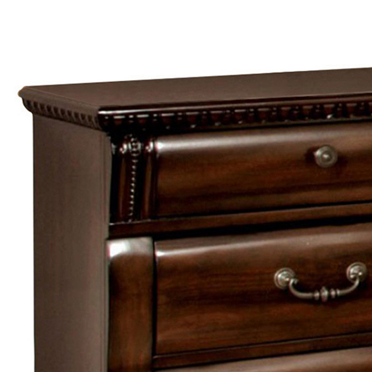 3 Drawer Wooden Nightstand with Metal Handles and Carved Details, Brown - BM123246