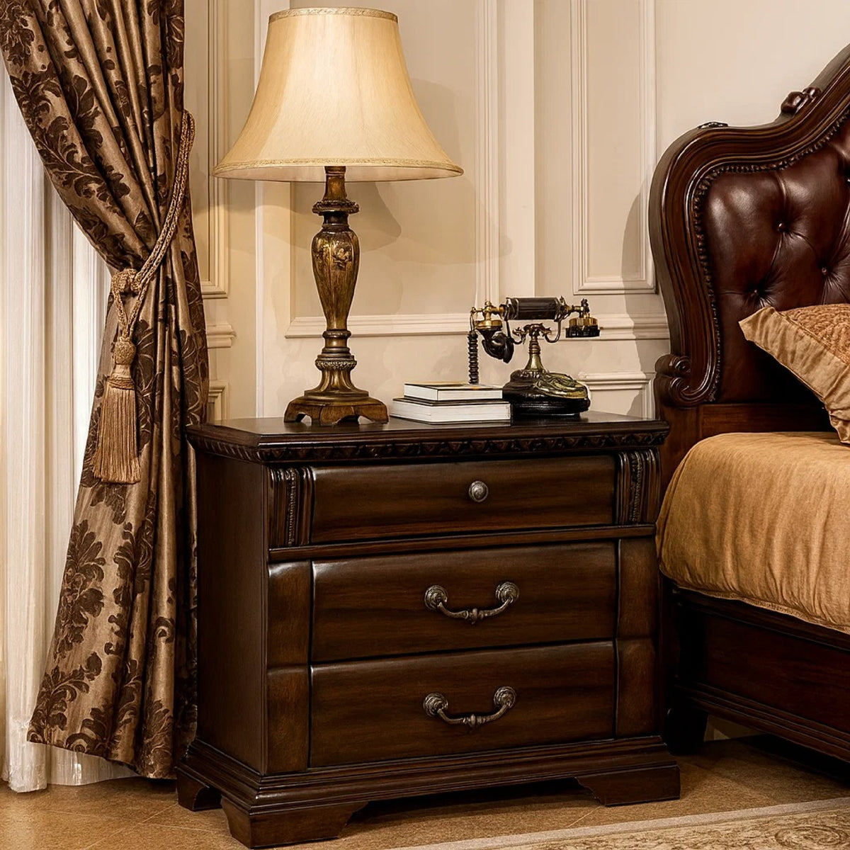 3 Drawer Wooden Nightstand with Metal Handles and Carved Details, Brown - BM123246