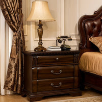 3 Drawer Wooden Nightstand with Metal Handles and Carved Details, Brown - BM123246