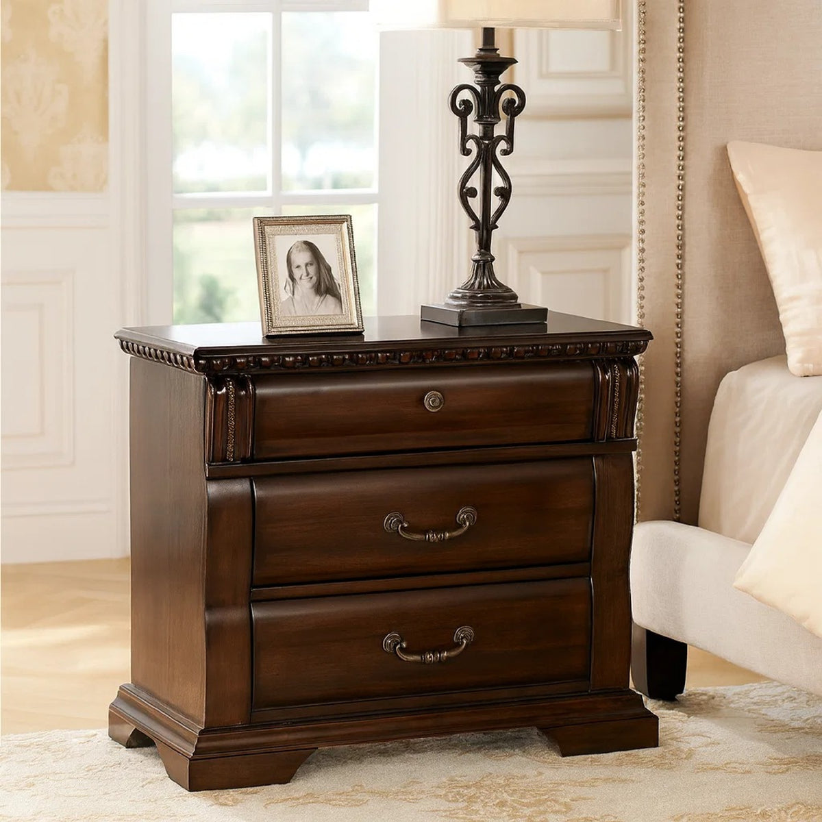 3 Drawer Wooden Nightstand with Metal Handles and Carved Details, Brown - BM123246