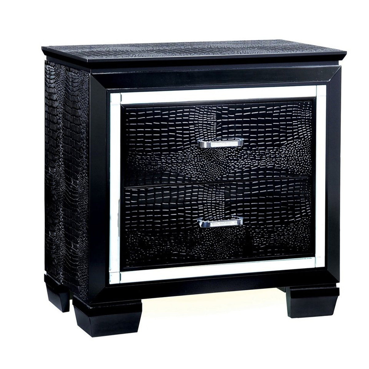 30 Inch Textured Nightstand, 2 Drawers, Mirror Trim, Black - BM123297