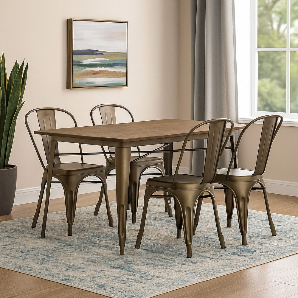 Industrial Style Rectangular Solid Wood Dining Table with Tapered Metal Legs, Brown and Gray - BM123398