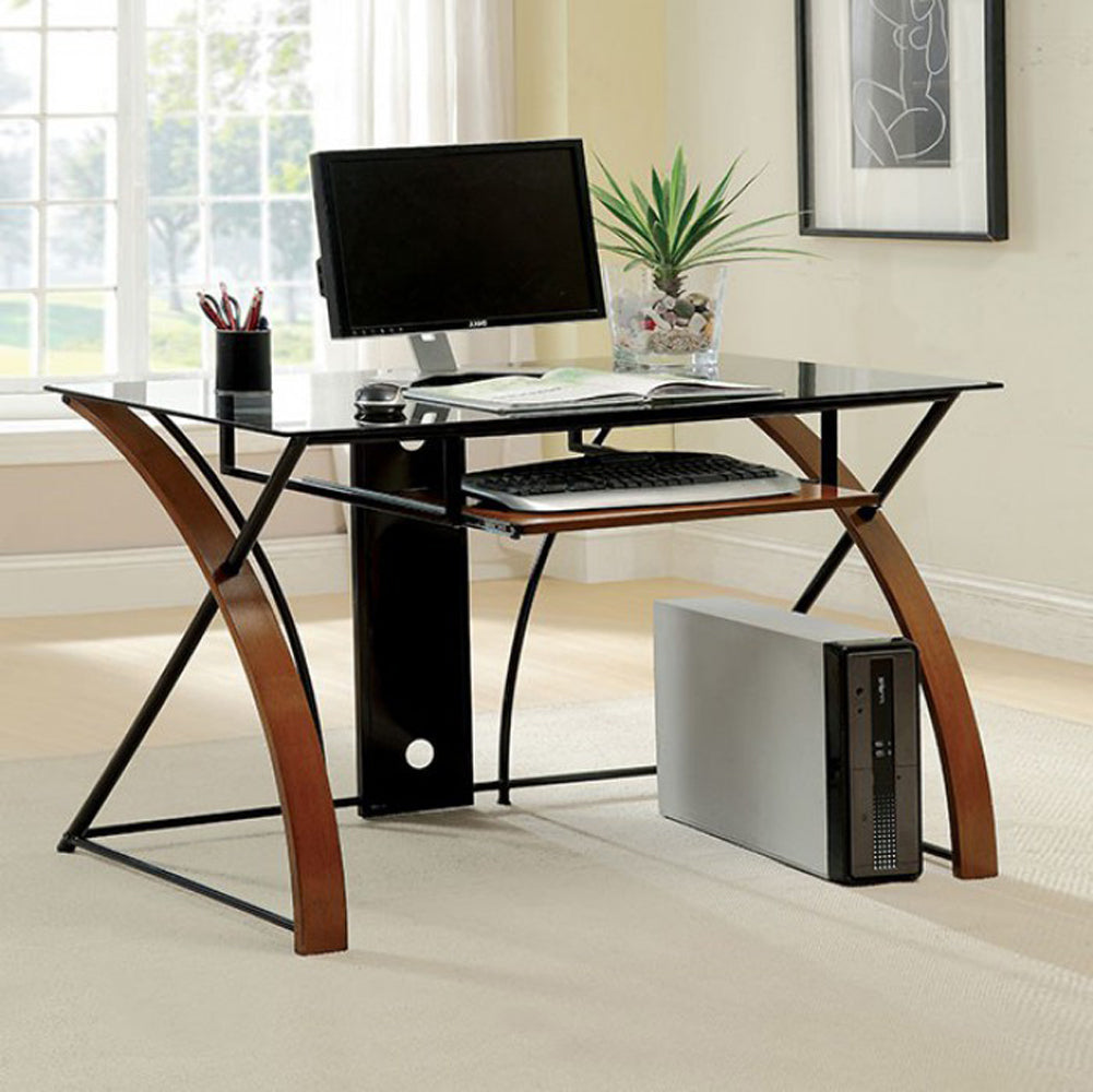 Benzara Glass Top Computer Desk with Z Shaped Metal Legs, Brown