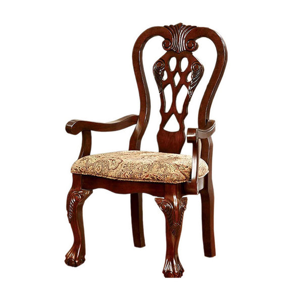 BM131208 Elana Traditional Arm Chair With Fabric, Brown Cherry Finish, Set Of 2