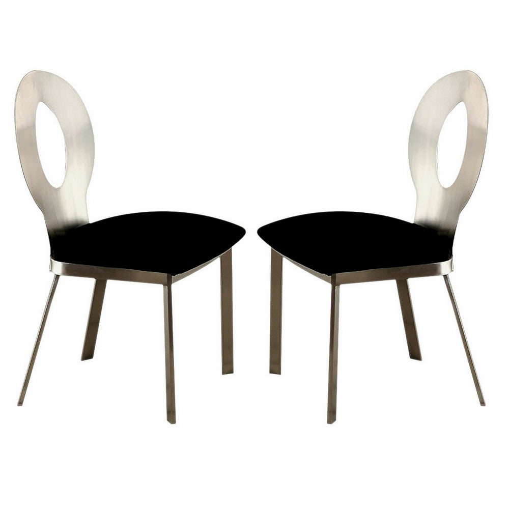 Metal Side Chair with Oval Cut Backrest, Set of 2, Silver and Black - FOA-CM3727SC-2PK