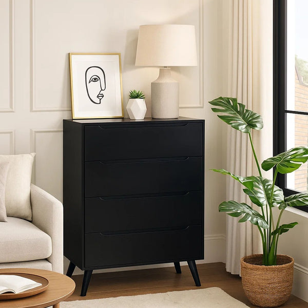 4- Drawer Wooden Chest With Round Tapered Legs, Black