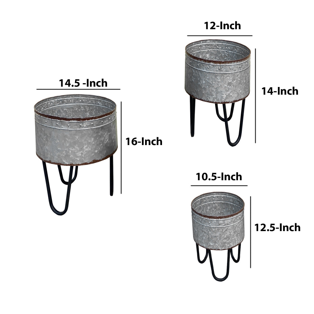 Galvanized Sheet Planter Tubs, Iron Powder Coated Hairpin Legs, Set of 3, Gray, Black - BM154147