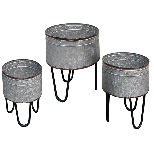 Galvanized Sheet Planter Tubs, Iron Powder Coated Hairpin Legs, Set of 3, Gray, Black - BM154147
