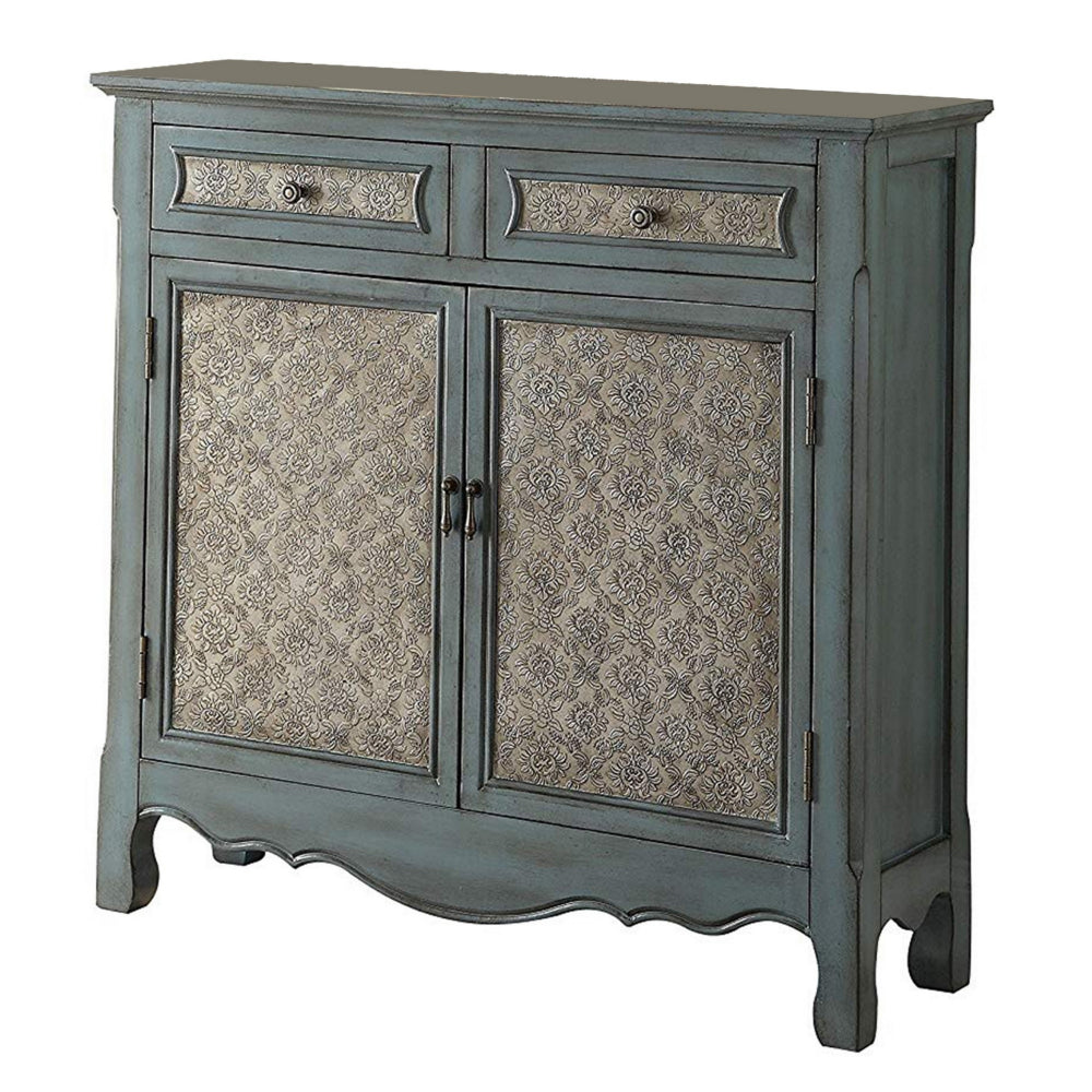 2 Door Cabinet Wooden Console Table with Scalloped Apron, Distressed Blue - BM154262