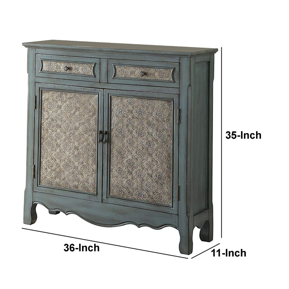 2 Door Cabinet Wooden Console Table with Scalloped Apron, Distressed Blue - BM154262