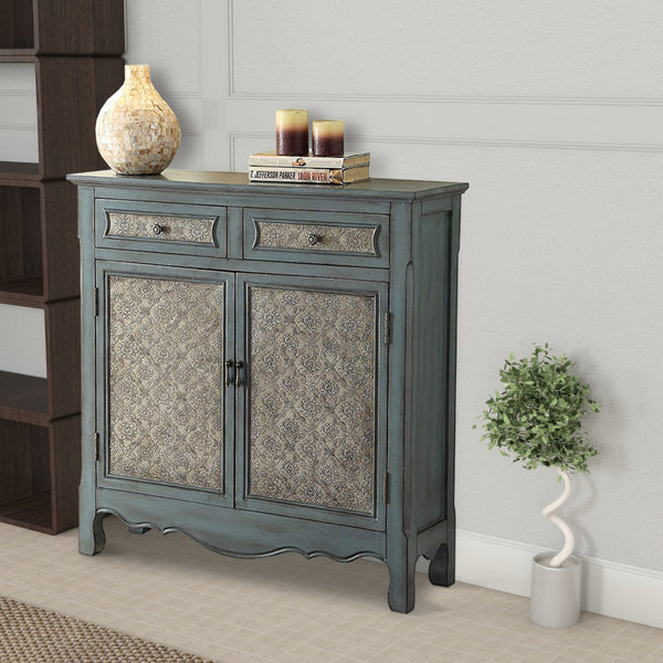 2 Door Cabinet Wooden Console Table with Scalloped Apron, Distressed Blue - BM154262