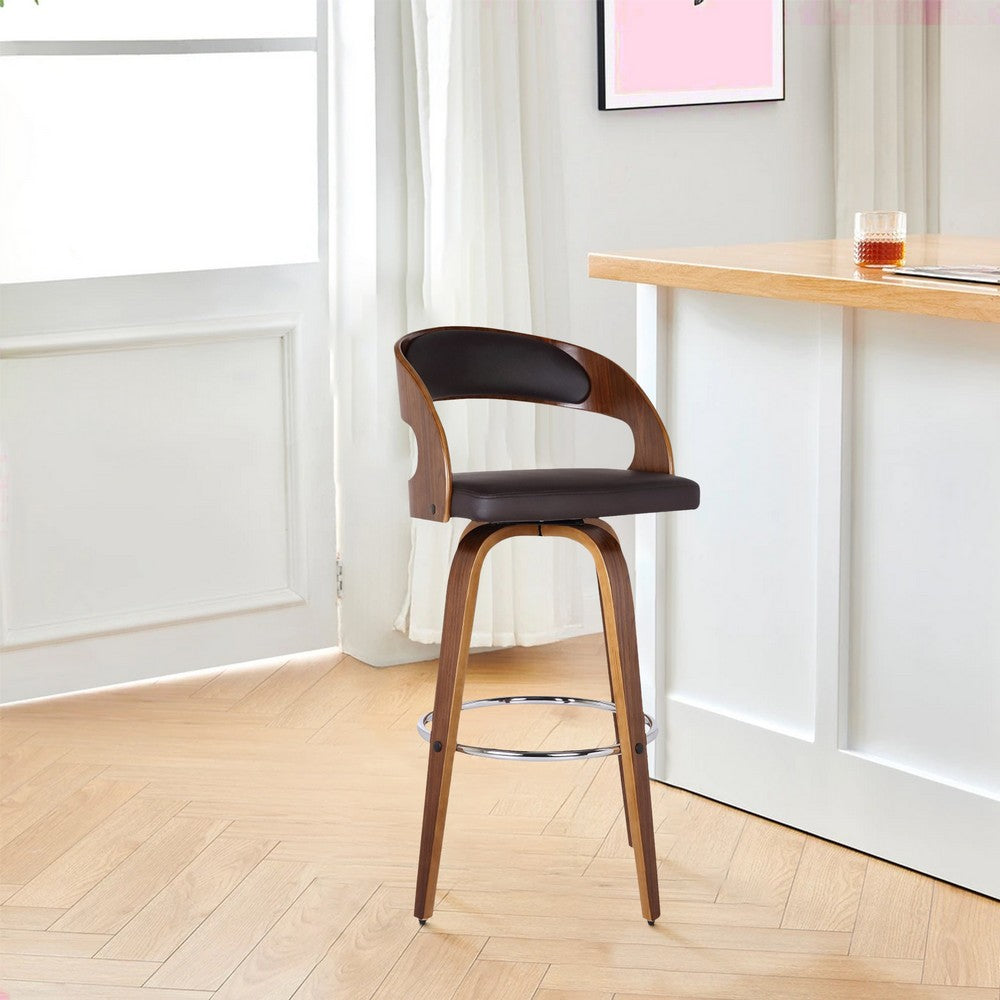 Benjara 26 Inch Swivel Faux Leather Counter Height Barstool with Open Back Brown BM155717 Benzara