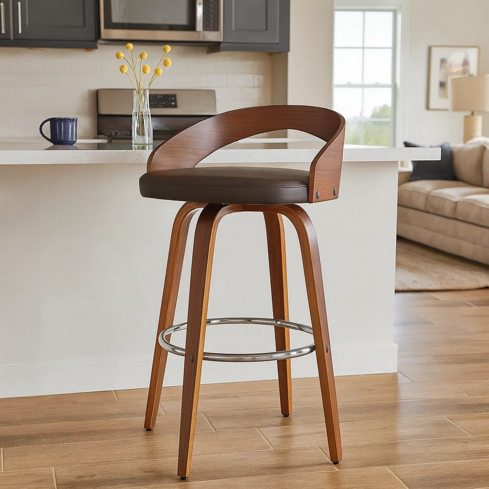 26 Inch Faux Leather Swivel Counter Height Barstool with Open Back, Brown - BM155721