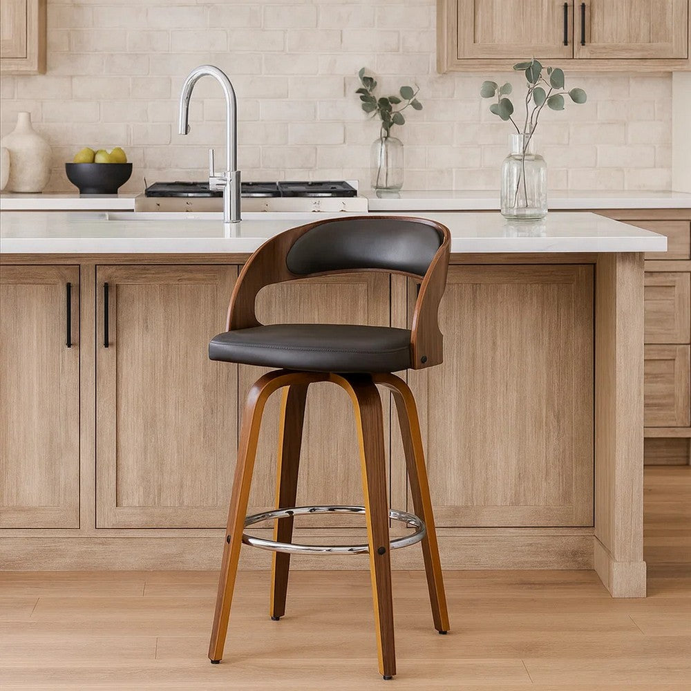 26 Inch Faux Leather Swivel Counter Height Barstool with Open Back, Brown - BM155721