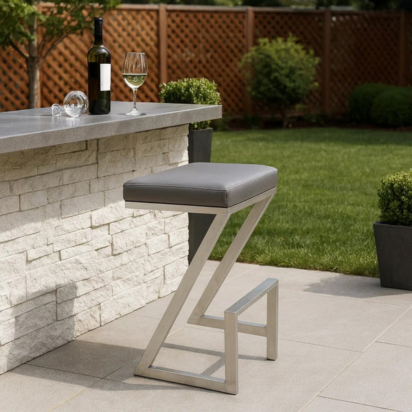 Z Shaped Metal Backless Barstool with Padded Seat, Silver and Gray - BM155792