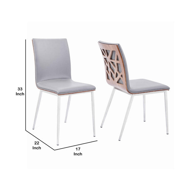 Wood Back Leatherette Dining Chair with Metal Legs, Set of 2, Brown and Gray - BM155801