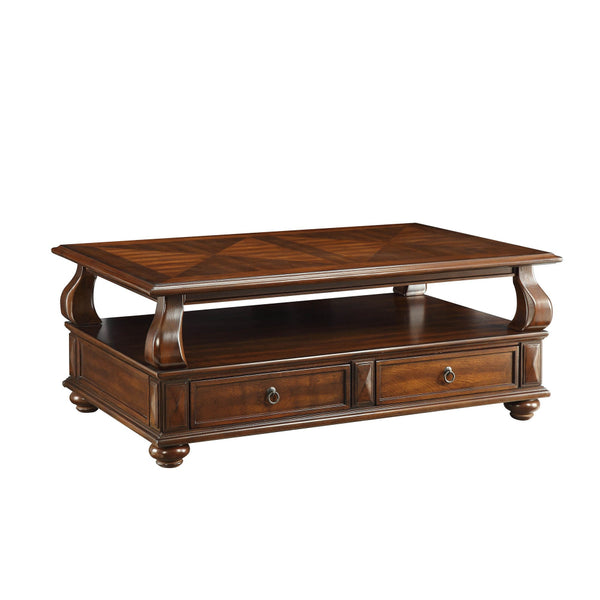 2 Drawer Wooden Coffee Table with Bun Feet and Ring Pulls, Brown - BM156753