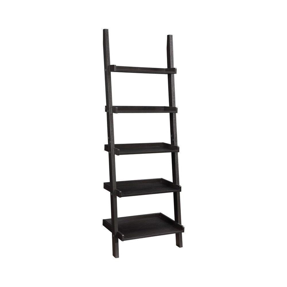 BM159054 Sleek Wooden Ladder Bookcase with 5 Shelves, Brown