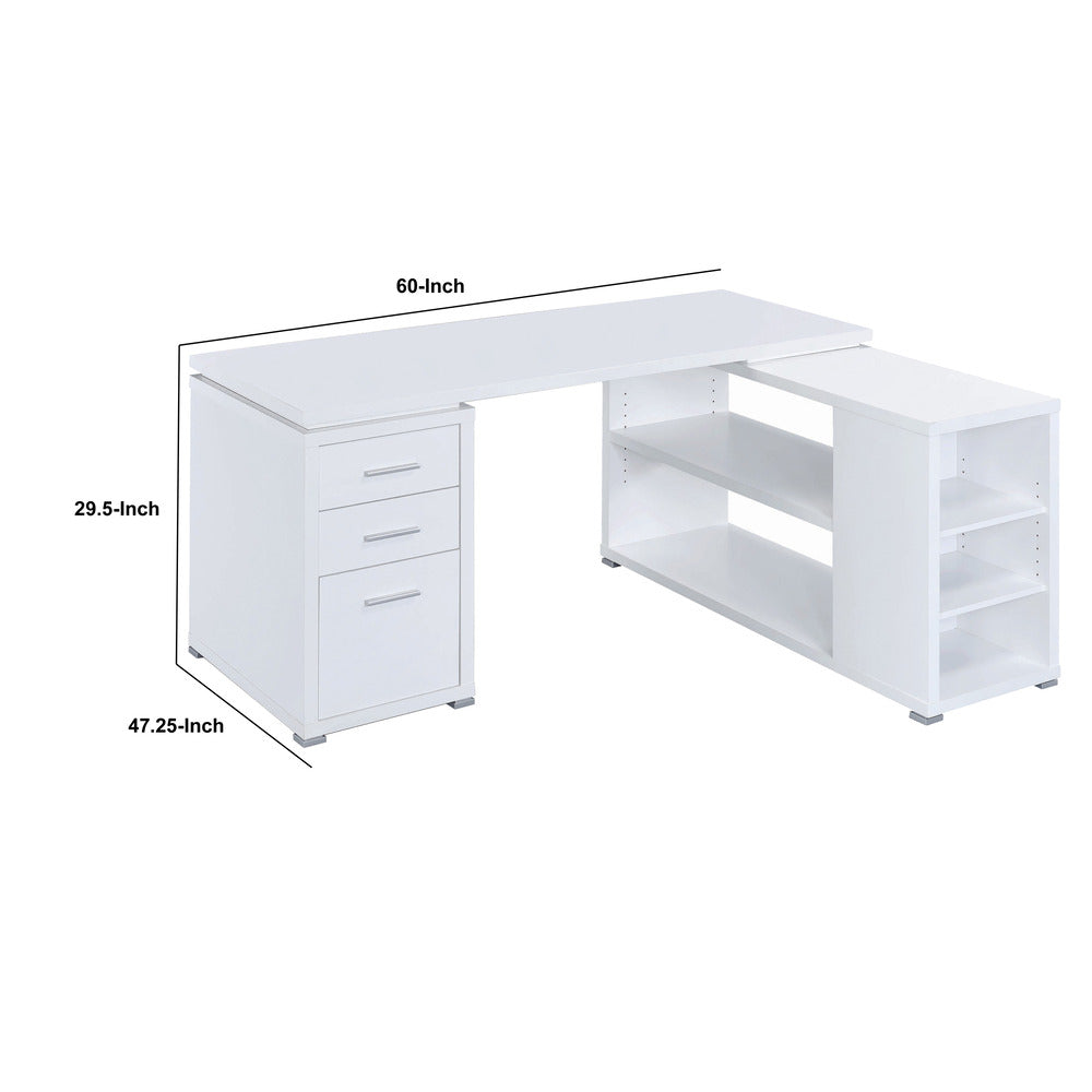 Contemporary L Shaped Office Desk with 3 Drawers and Shelves, White - BM159068