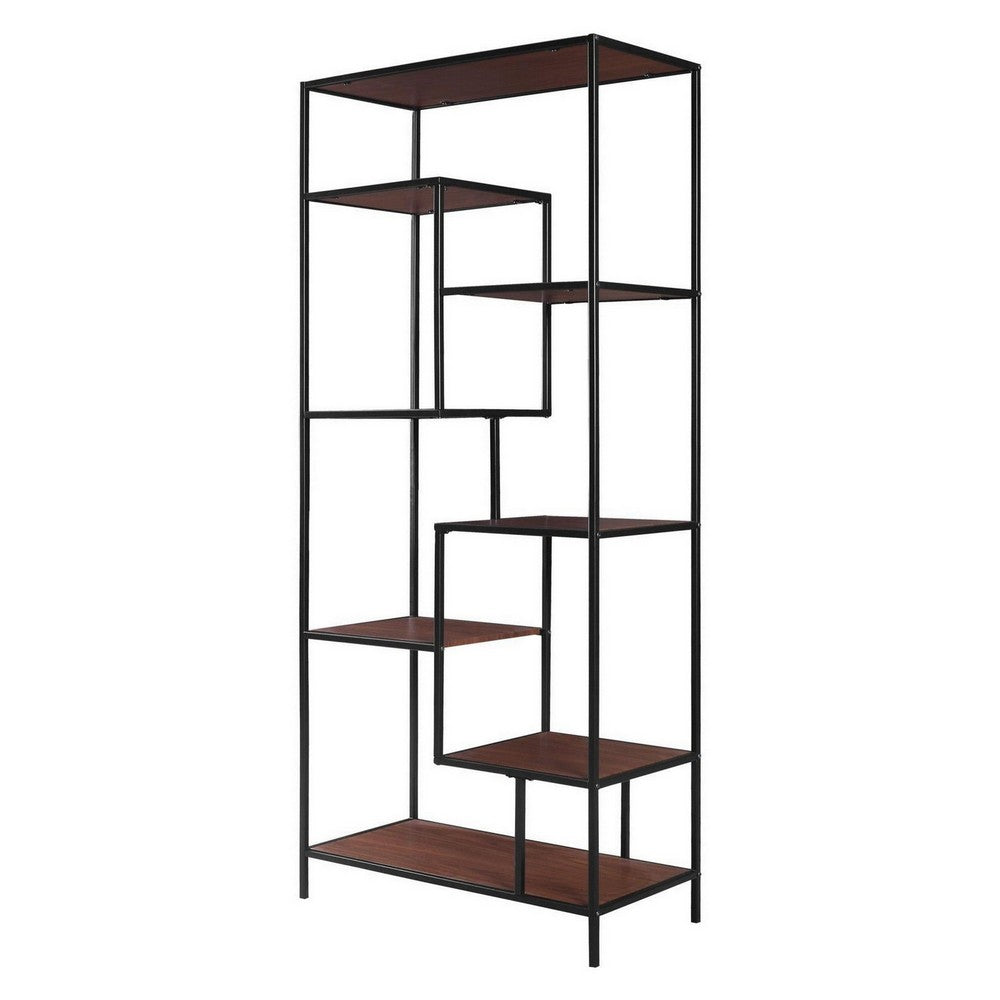 BM159122 Metal Framed Bookcase With Open Shelves, Black And Brown