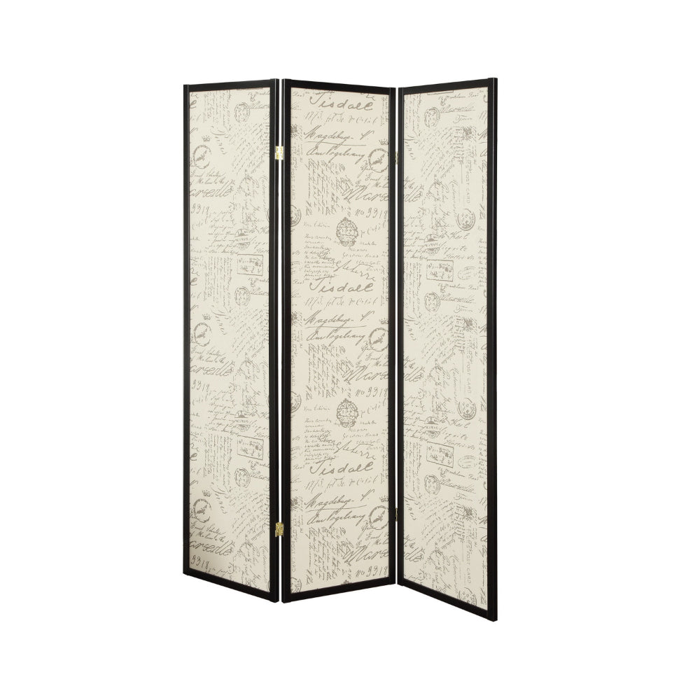 BM159223 Three Panel Folding Floor Screen with Postal Script Panels, Brown