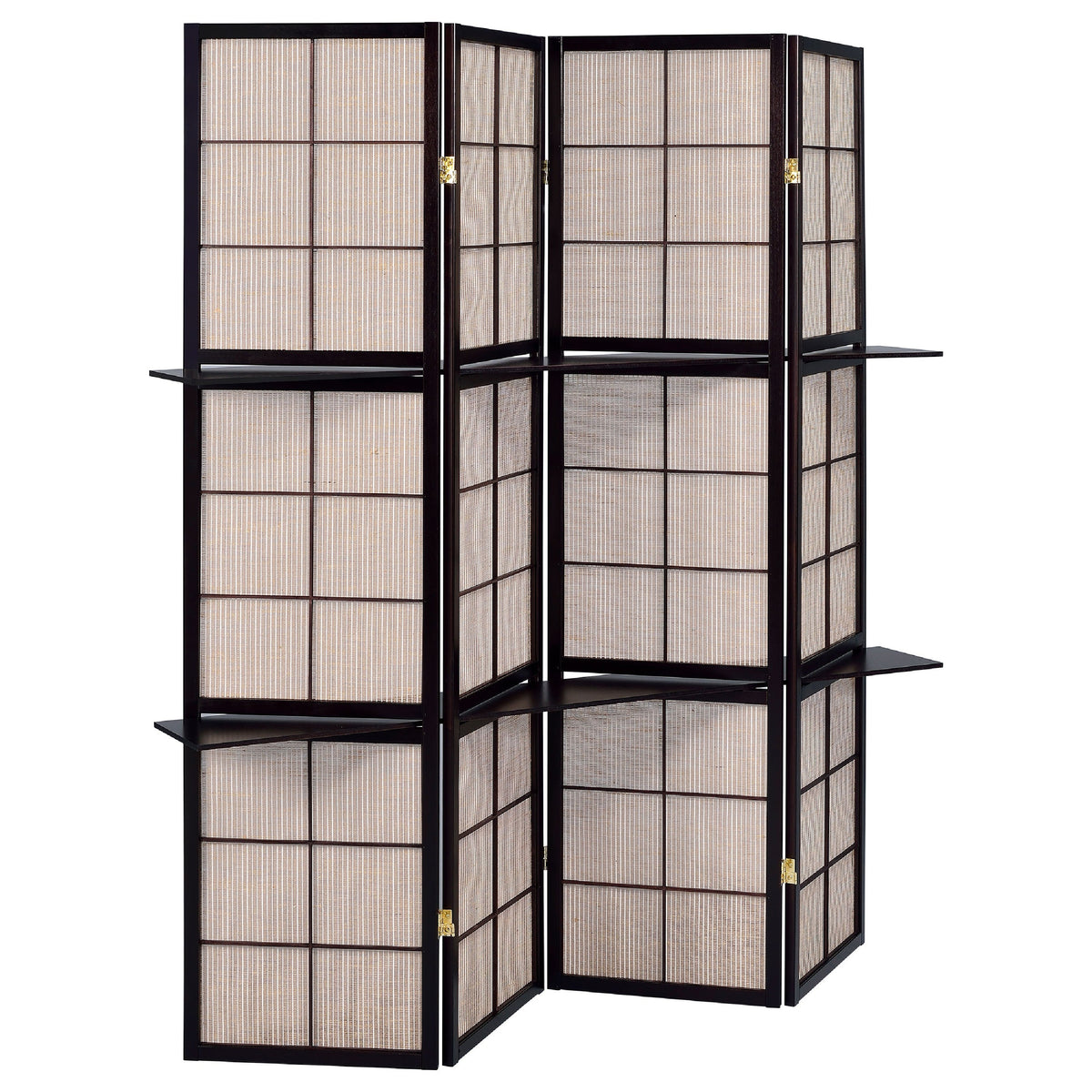 Stylish Four Panel Folding Screen With Shelves, Brown - BM159237