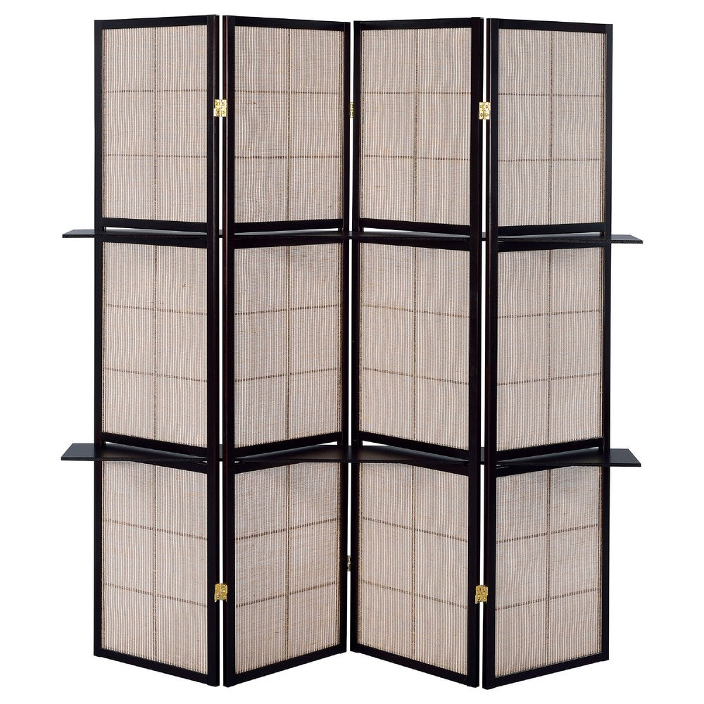 Stylish Four Panel Folding Screen With Shelves, Brown - BM159237