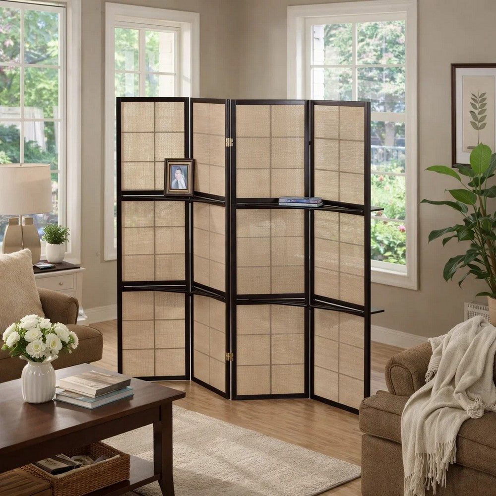 Stylish Four Panel Folding Screen With Shelves, Brown - BM159237