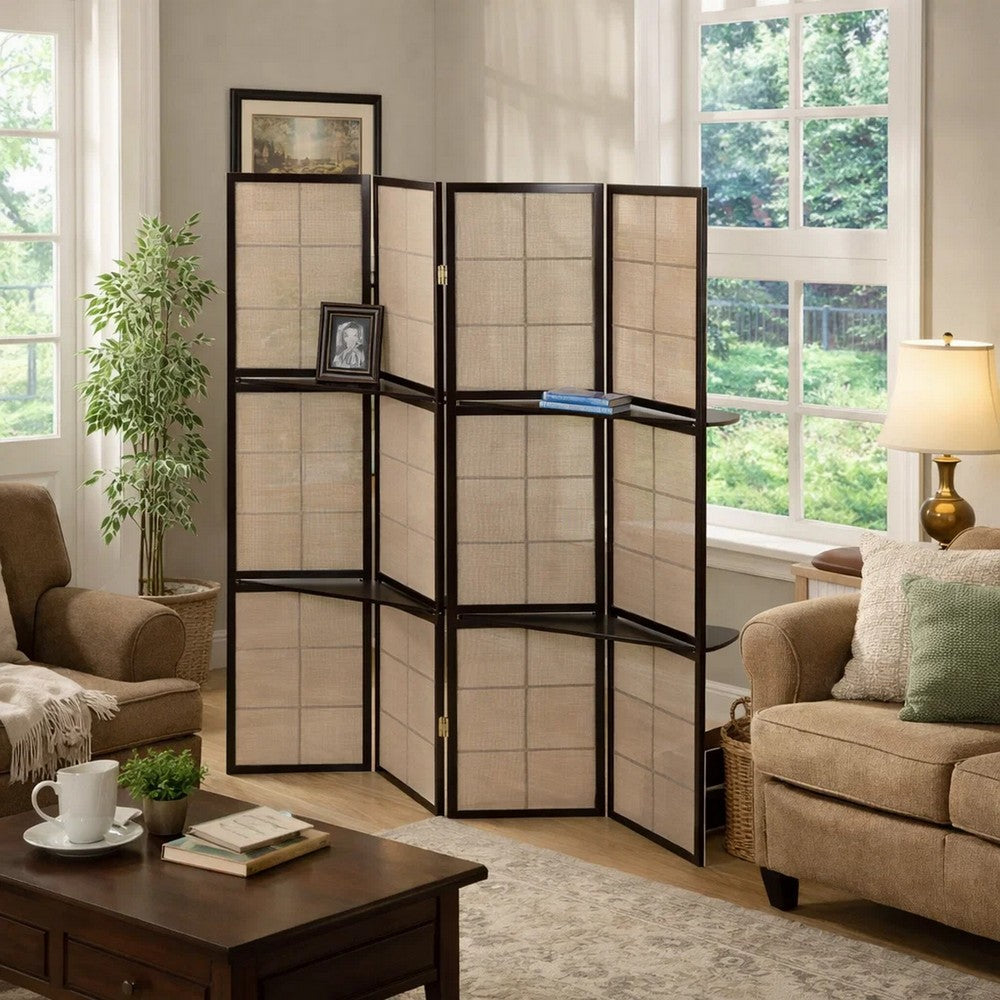 Stylish Four Panel Folding Screen With Shelves, Brown - BM159237