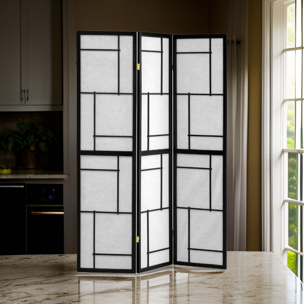 benzara BM159457 Stylish 3 Panel Wooden Folding Screen Black