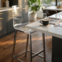 BM160767 Elegant Acrylic Bar Height Stool with Chrome Base, Clear And Silver, Set of 2