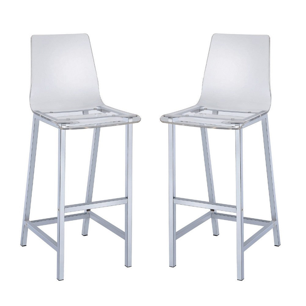 BM160767 Elegant Acrylic Bar Height Stool with Chrome Base, Clear And Silver, Set of 2
