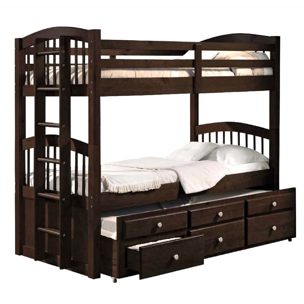 Wooden Twin/Twin Bunk Bed & Trundle with 3 Drawers, Brown - AMF-40000