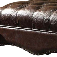 Leatherette Ottoman with Button Tufting and Nailhead Trim Details, Brown - BM163610