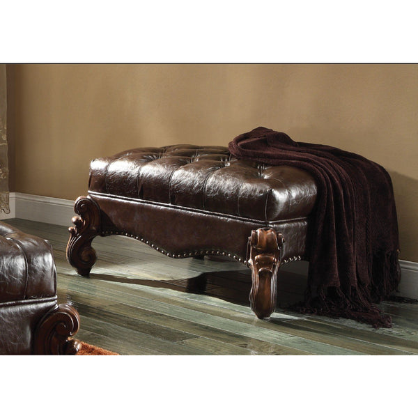 Leatherette Ottoman with Button Tufting and Nailhead Trim Details, Brown - BM163610