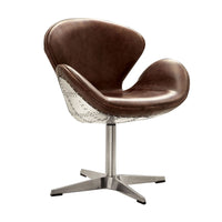 Top Grain Leather Accent Chair with Swivel, Brown & Silver - AMF-96553